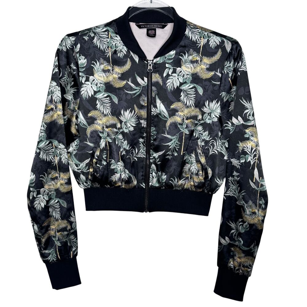 Victoria’s Secret Tropical Floral Cropped Bomber Jacket Black XS